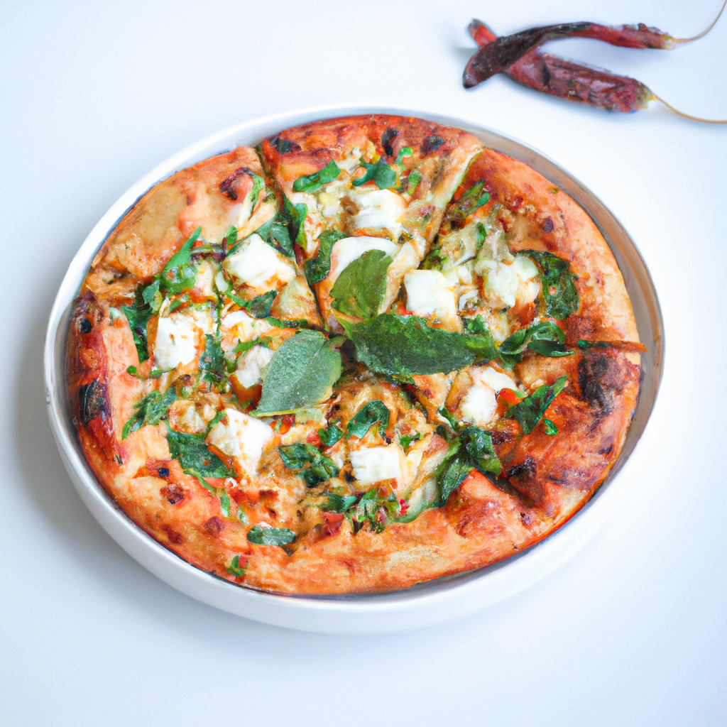 Minimal white ceramic plate with artisanal Indian-flavoured pizza on a clean white background