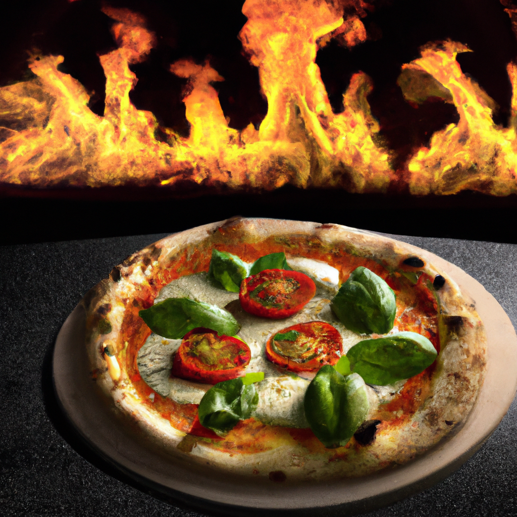 Rustic wood-fired pizza oven with glowing fire, marble counter, tomatoes, basil and mozzarella in photorealistic detail